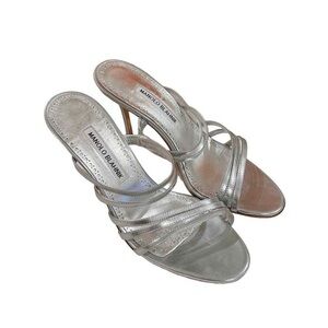 Manila Blahnik Silver Strappy Mule Heels
